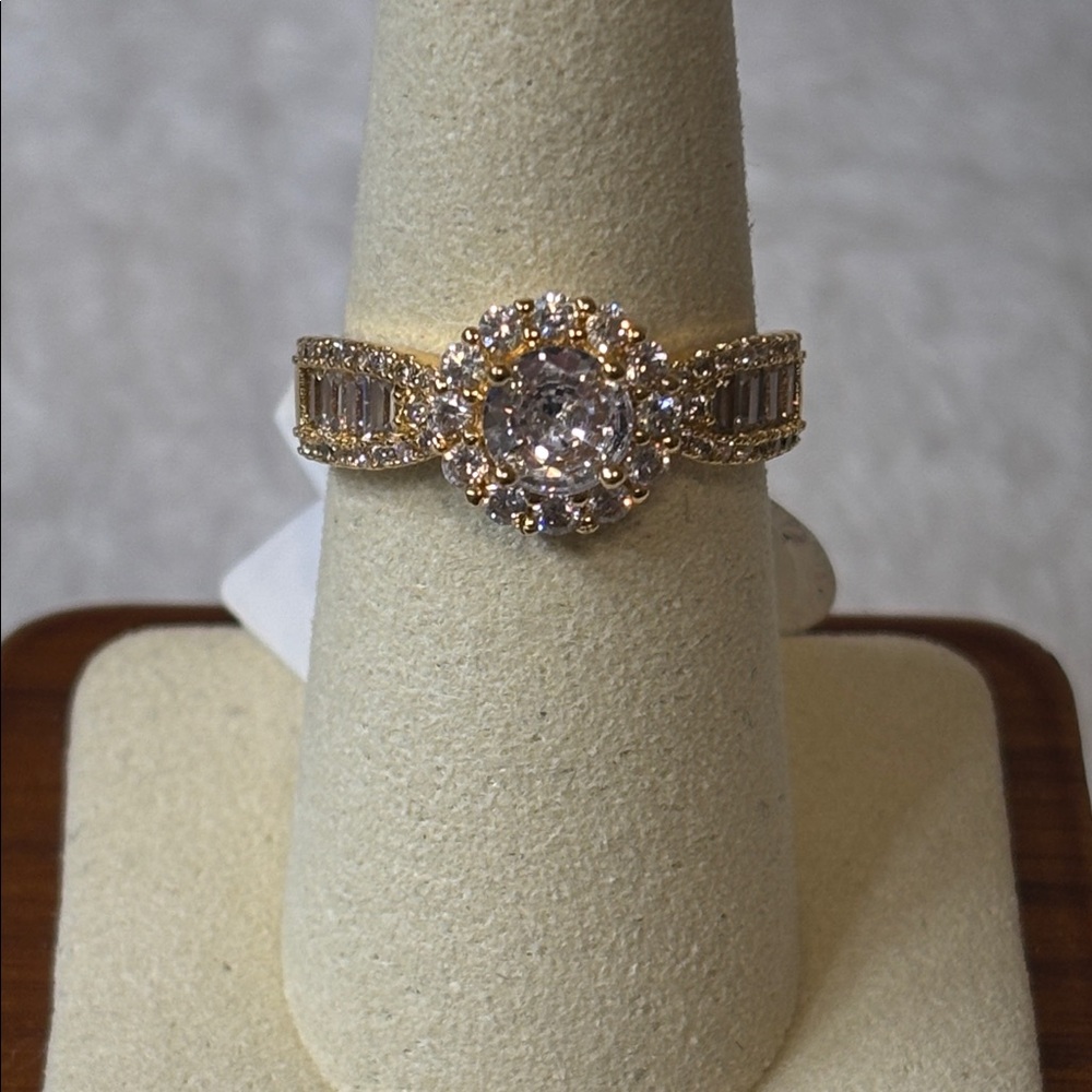 AAA CZ Round Baguette Ring 18k Yellow Gold Filled